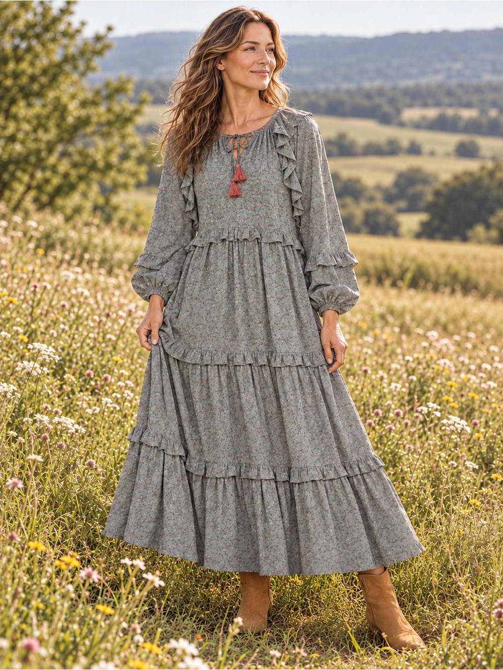 NWT New &Merci Boho Chiffon Tiered Grey Floral Maxi Dress Size L